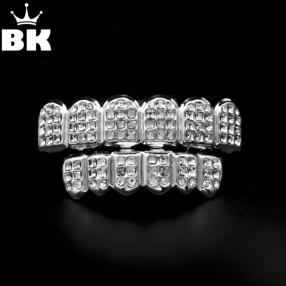 Hip Hop White Gold Plated Teeth Grilz Set Mens Punk Top Bottom Teeth Bling CZ Stone Ice Out Clown Rap Singer Jewelry Role Playing Party 241022
