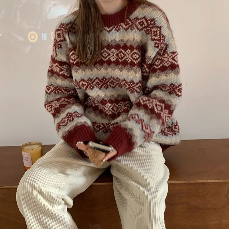 Pull de Noël Femmes automne et hiver style coréen lâche décontracté floral rond rond tricoté haut 241022