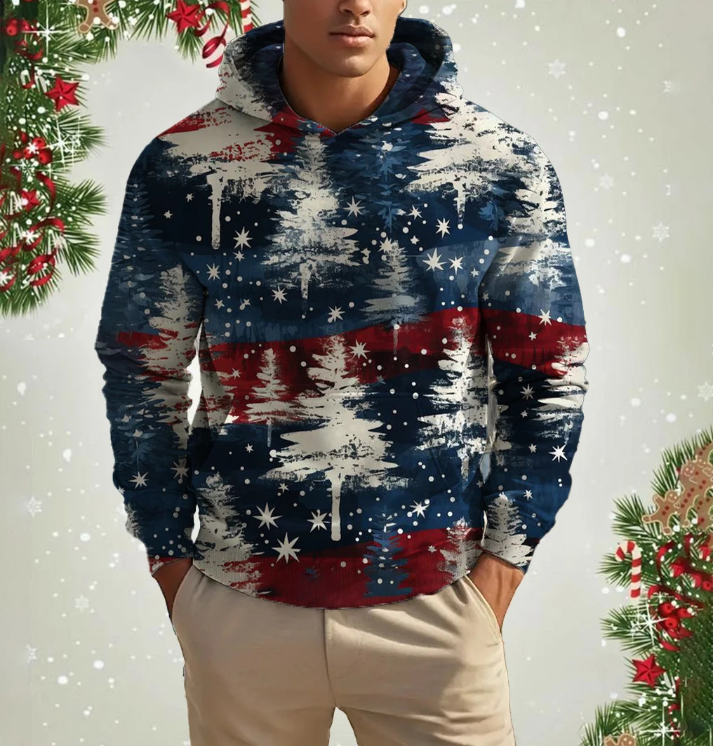 Retro mens hooded sweatshirt with snowflake pattern 3D printed top autumn and winter casual long sleeved oversized Christmas themed hooded sweats