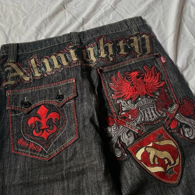 Y2K Pocket Jeans American Patchwork Lettre combinaison Broidered Jeans Mens Street Fashion Gothic Harajuku Style Pantalon de jambe large 241019