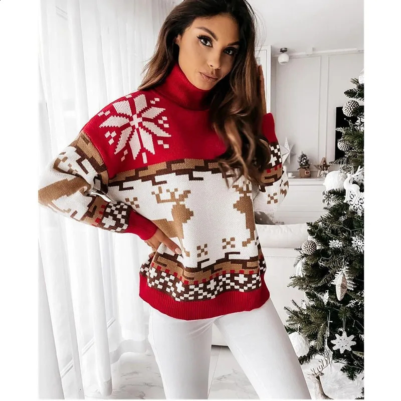 Pull à col de tortue de Noël pour femmes Rebus à manches longues Modèle de flocon de neige entier Top tricot pour femmes