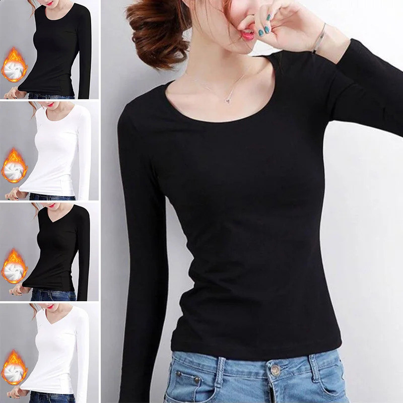 underwear womens thick seamless bottom shirt winter slim fit basic casual long sleeved velvet solid top 241021
