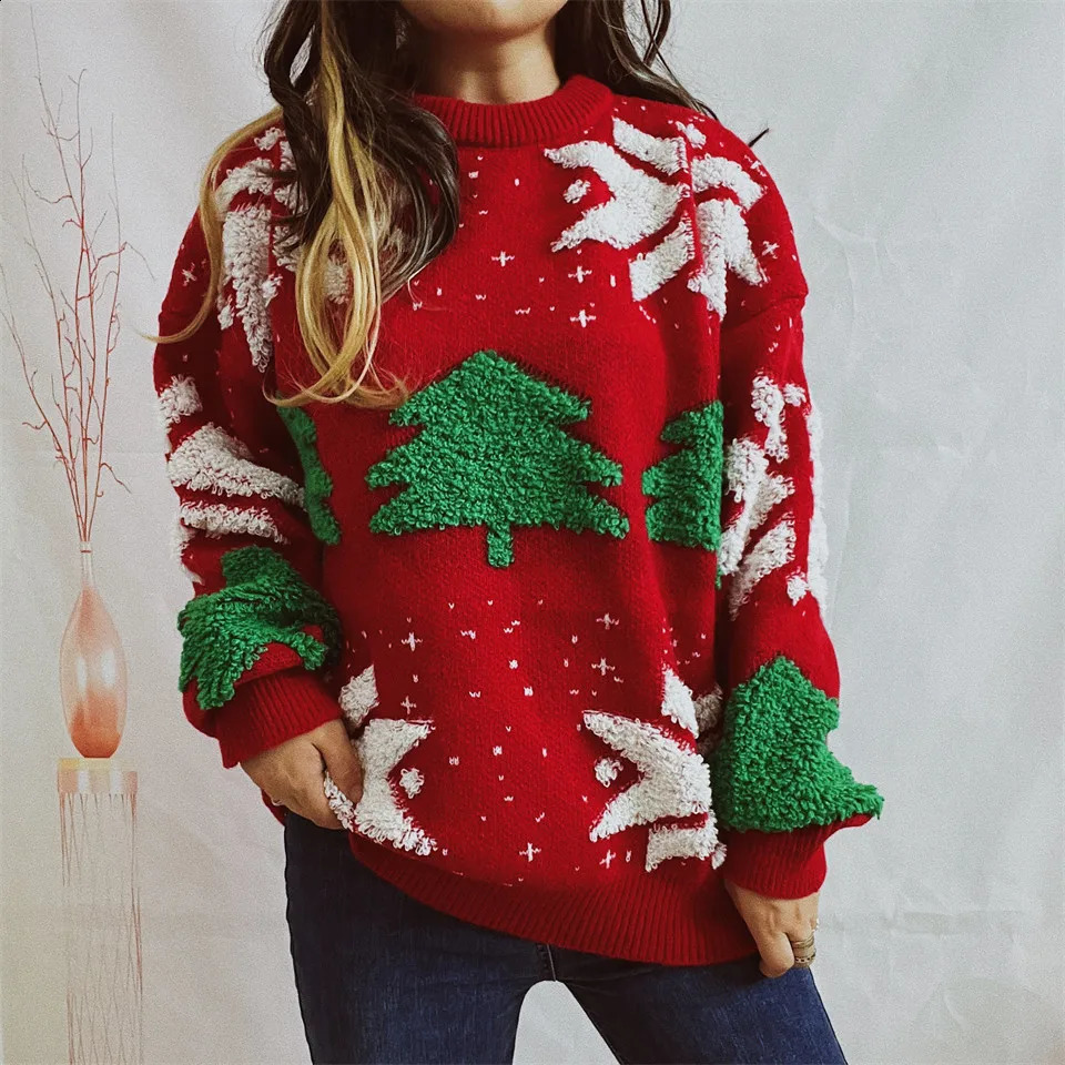 OMCHION vert pull de noël mode arbre broderie tricoté décontracté lâche rétro femmes tricoté pull 241021
