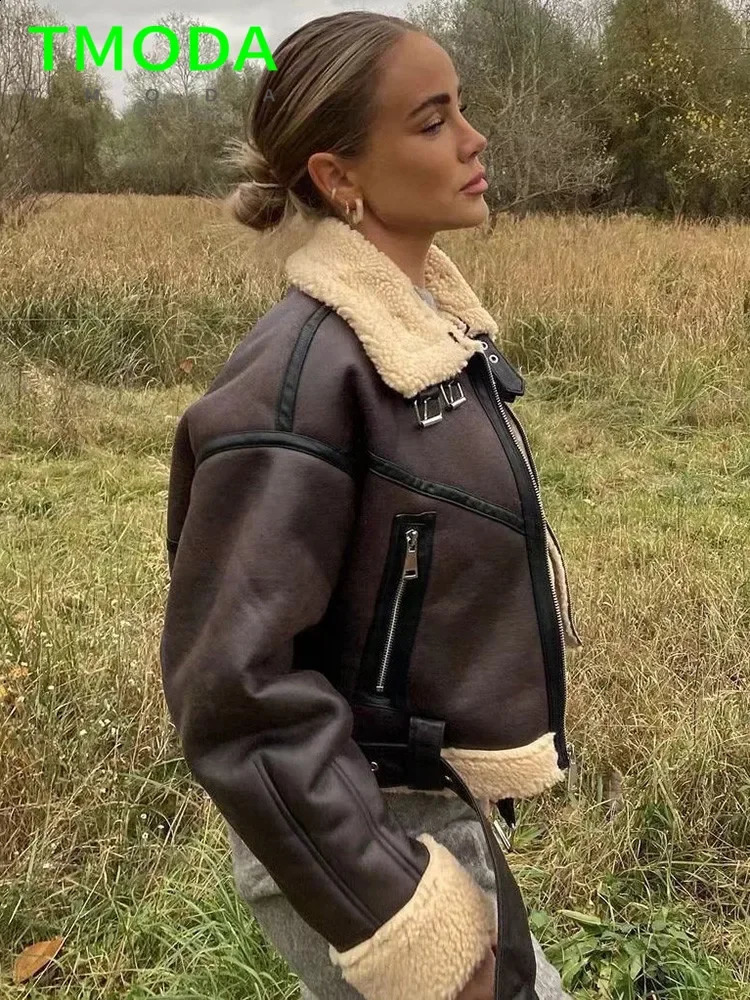 T-shaped MODA 2024 Spring/Summer Womens Fur Loose Belt Warm Jacket Cashmere Thick Motorcycle Collar Womens Coat Brown Unique Coat 241021