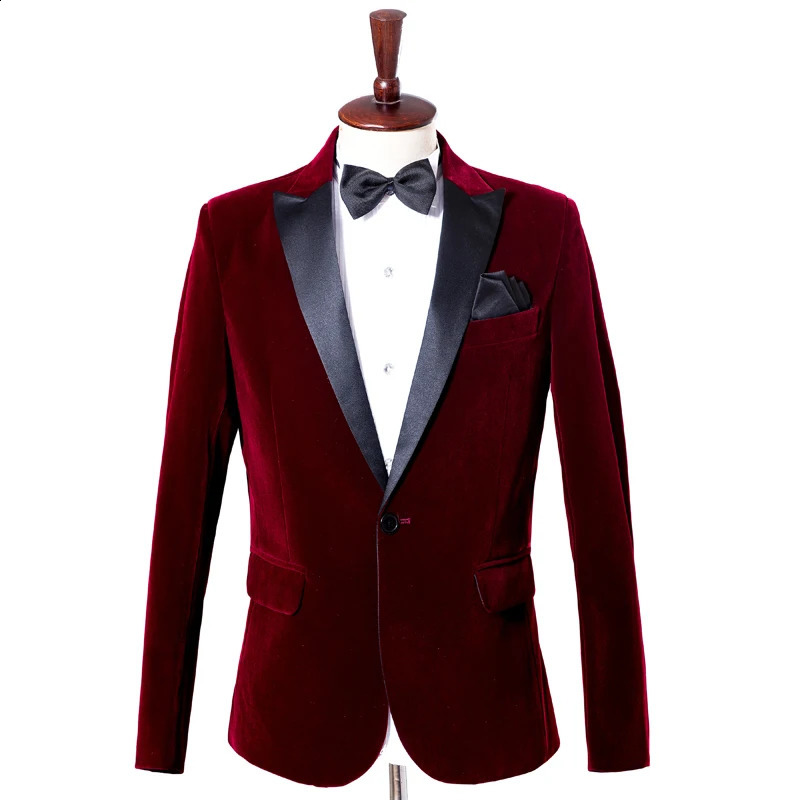 Mens autumn/winter velvet Burgundy fashionable casual suit jacket suitable for wedding groom and singer 241021
