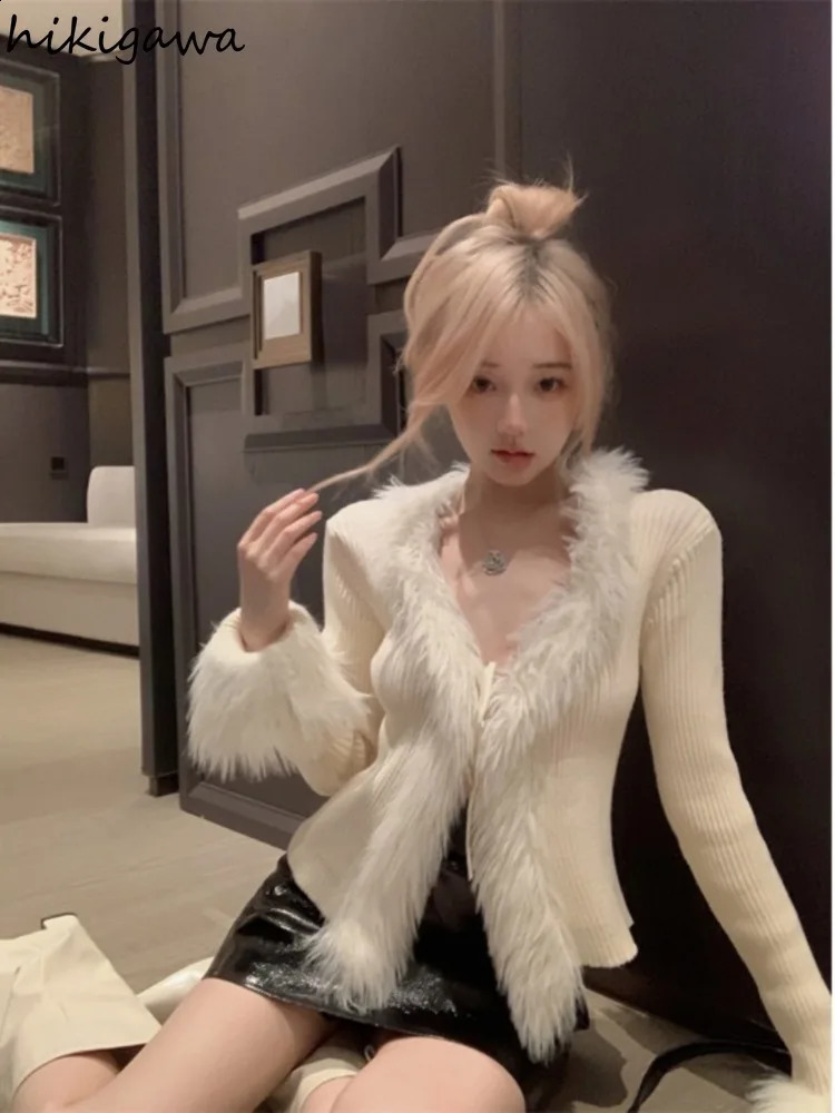 White cut open collar wool patch fur V-neck long sleeved tuning pull womens 2024 Ropa knitted sweater top 241021