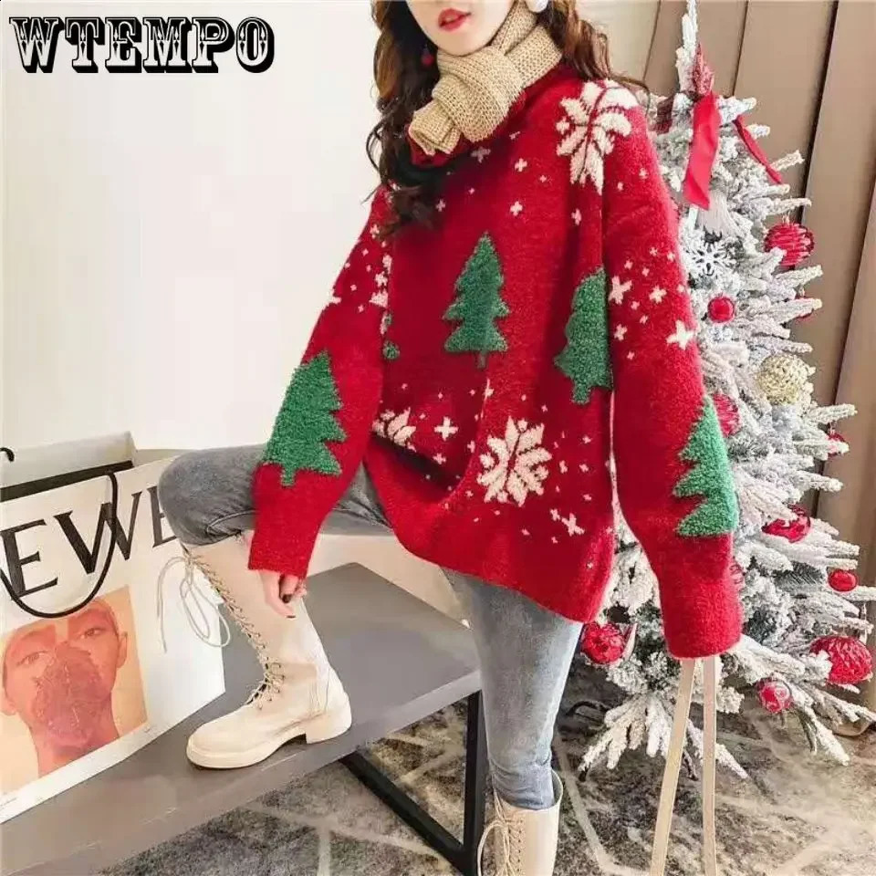 WTEMPO Autumn/Winter Christmas Knitted Retro Sweater Korean Loose Round Neck Fashion Long Sleeve Zipper Jumper 241021