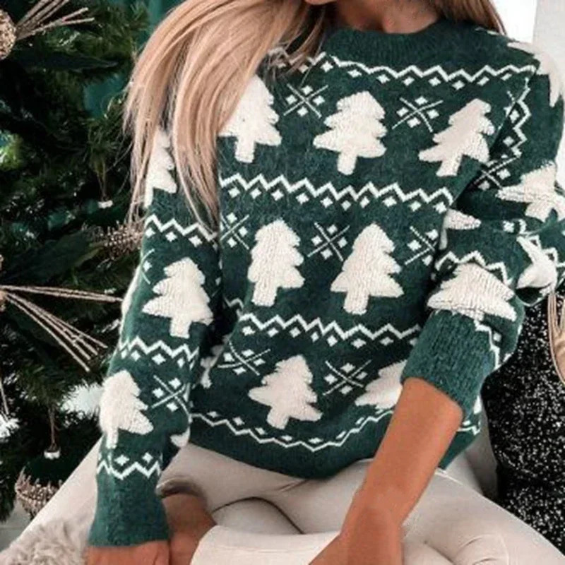 2024 Winter Womens Knitted Sweater 3D Christmas Tree Printed Warm Thick Jumper Christmas Sweater Long Sleeve Pullover Top Christmas Appearance 24