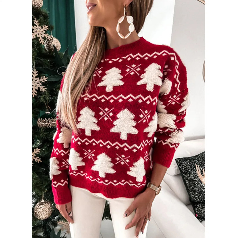 Pull de Noël d'automne et d'hiver 2024 Femme à demi-tortue serviette de Noël Broided à manches longues Pull à glissière 241021