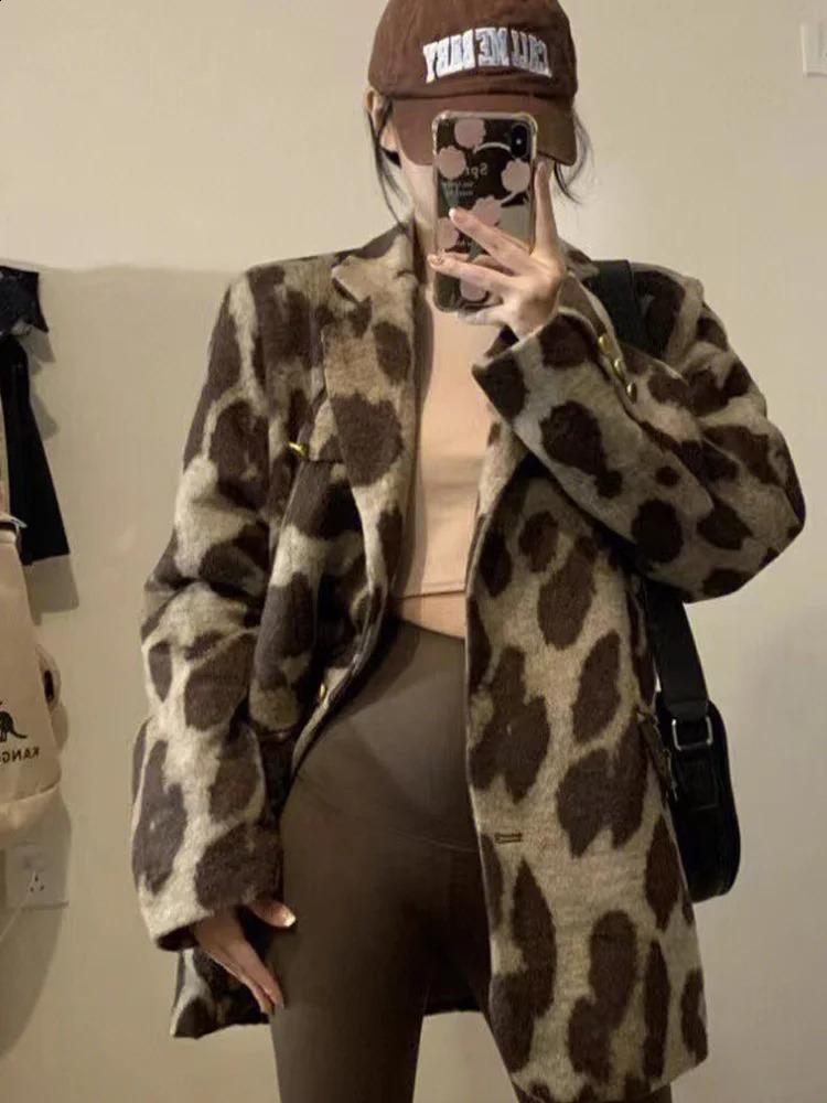 Leopard Patterned Blazer Tweed Jacket Woolen Coffee Suit Womens Coat Autumn Spring Summer Elegant Womens Loose Coat 241021