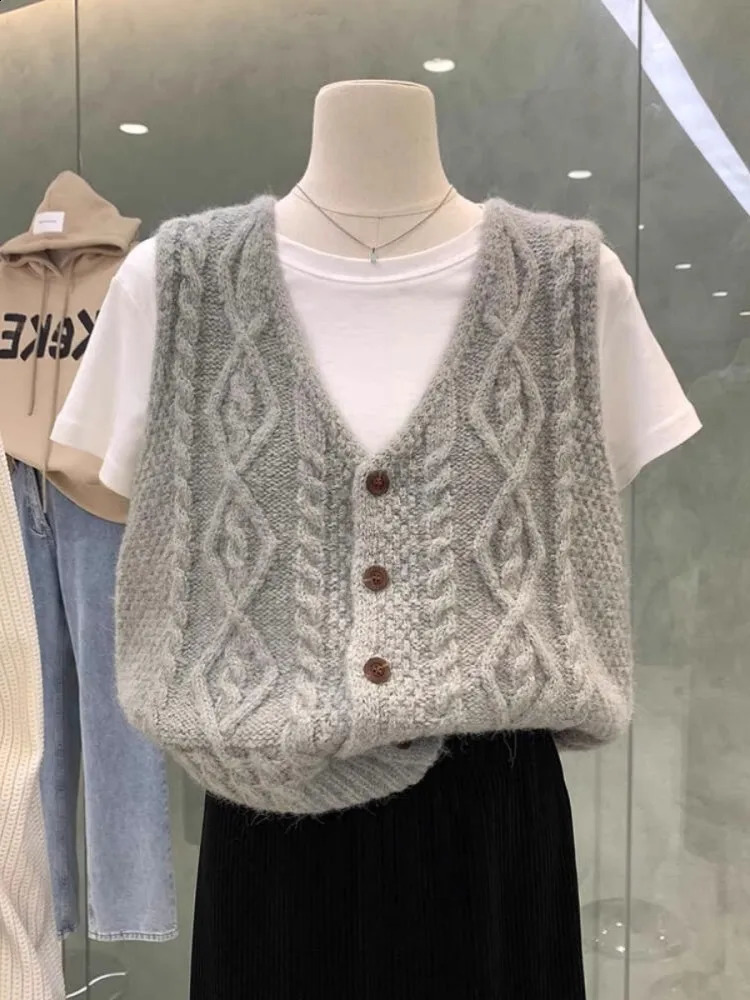 Vintage VNeck Knitted Cardigan Womens 2024 Autumn And Winter n Fried Dough Twists Overlay Vest Top 241017