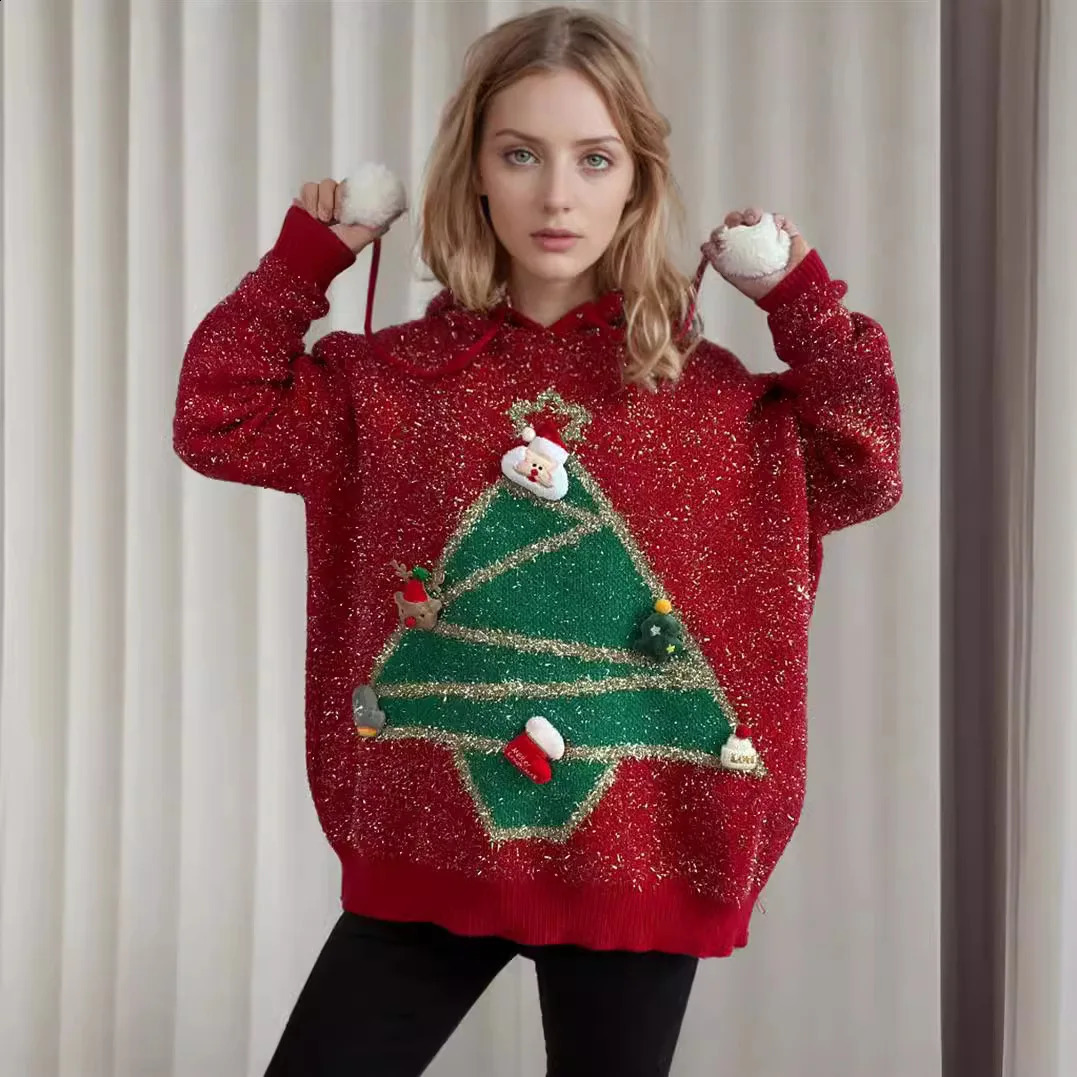 Pull à capuche pour femme avec arbre de Noël de style coréen, pull de Noël ample et laid, à la mode, fermeture éclair décontractée, pull tricoté