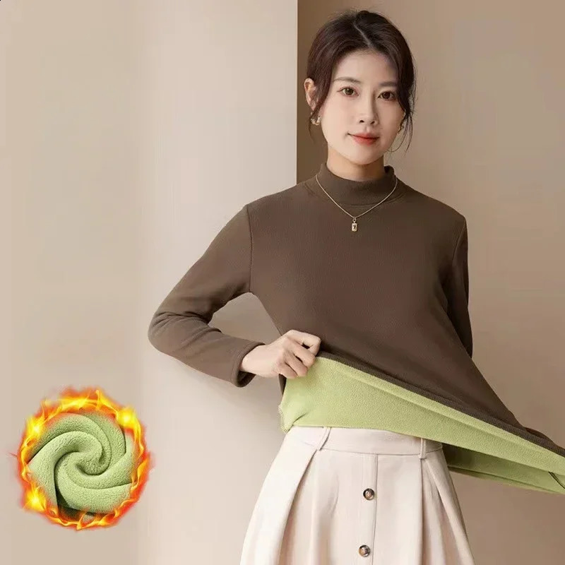 lingerie womens Plus velvet thickened womens winter turtle neck high elasticity slim fit bottom shirt long sleeved with floral pattern 241021