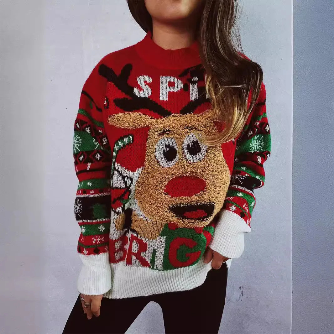 Strapless Korean style loose jumper round neck cartoon n Christmas womens clothing autumn and winter fashion zipper 241021