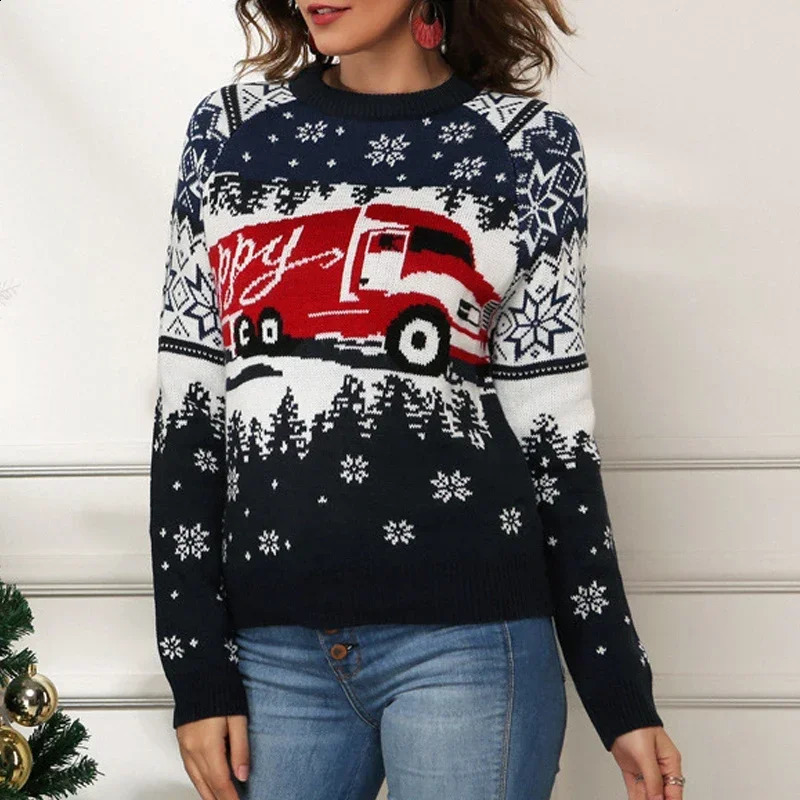 Womens Cartoon Snowflake Bus Christmas Knitted Sweater Autumn Winter Fashion Womens Long Sleeve Pull up Top Y2K Christmas Jumper 241021