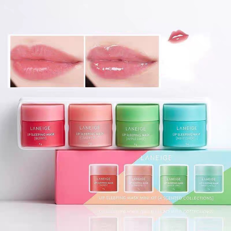 Masque de sommeil à lèvres 4pcs Set Balm à lèvres 8G Réparation nocturne Mydratage Care Mini Kit cadeau Berry Pomme au lime Pamplemousse Flavour