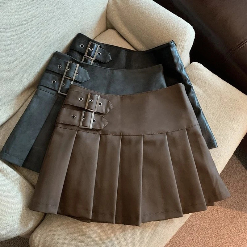 S-3XL Y2K Pu Leather Mini Skateboarding Womens Street Clothing High Waist Folded Skateboarding Retro Korean Black Ultra Thin Casual A-line Skateb