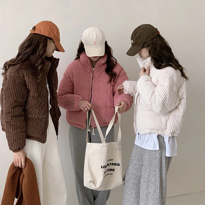 Short Parkas womens Corduroy thick puff jacket Korean Harajuku cut jacket winter warm casual cotton padded jacket 241022