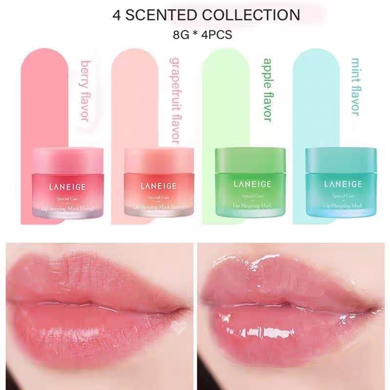 Masque de sommeil à lèvres 8G 4pcs Set Balm de la nuit Réparation nocturne Hydrating Nutritious Lip Care Mini Kit cadeau 4 Collection parfumée