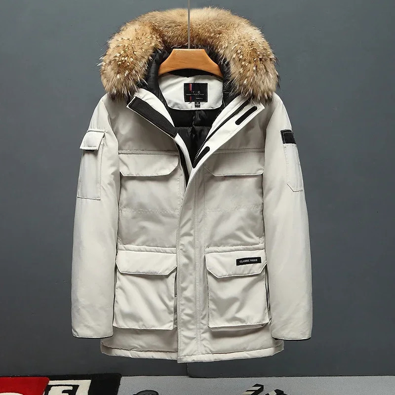 Mens winter hooded fur collar duck down jacket long coat high-quality mens outdoor windproof and warm casual winter jacket 4X 241019