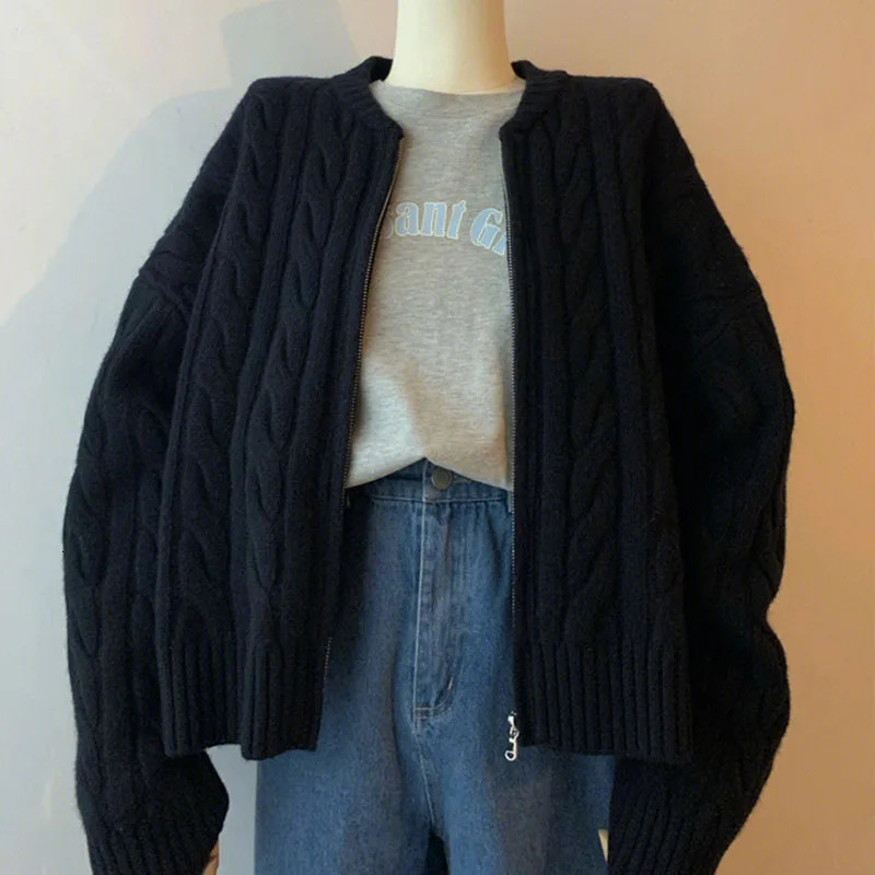 solid color zipper knitted cardigan womens autumn and winter casual twisted long sleeved sweater jacket 241022