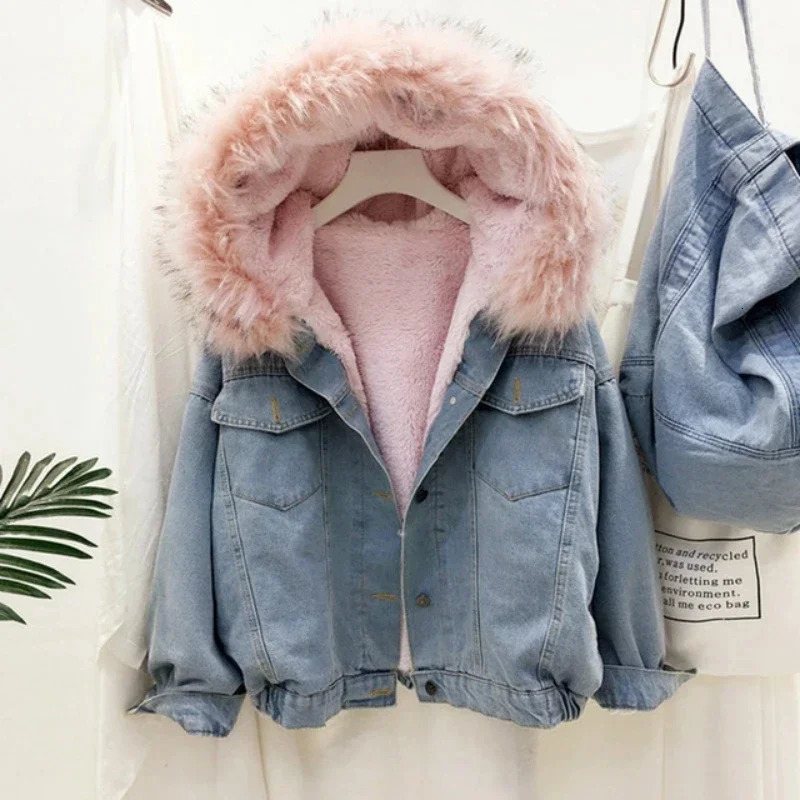 Artificial fur collar denim jacket womens winter hooded warm denim jacket student basic park womens bomber jacket 241022