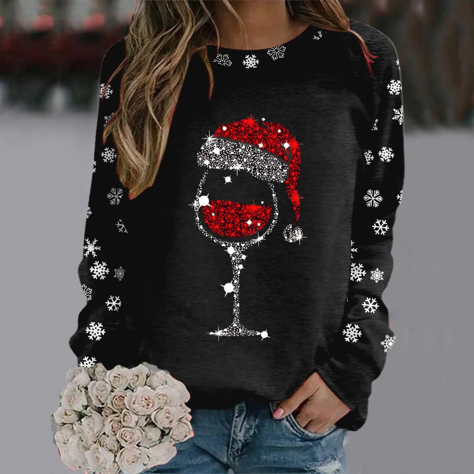Merry Christmas glass snowflake print hoodie round neck casual loose fit floral top womens long sleeved autumn sportswear 241021