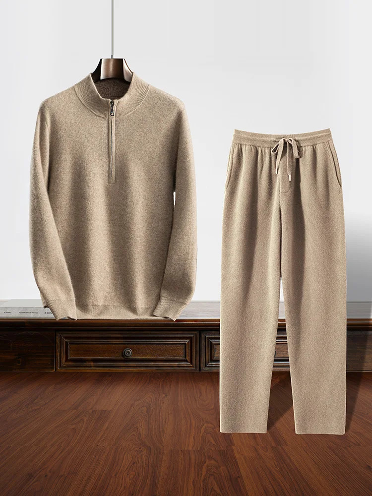 100% Cashmere Set Mens Plain Collar Zipper Flower Knitted Sweater Autumn Winter Two Piece High Waist Mens Solid Color 241019