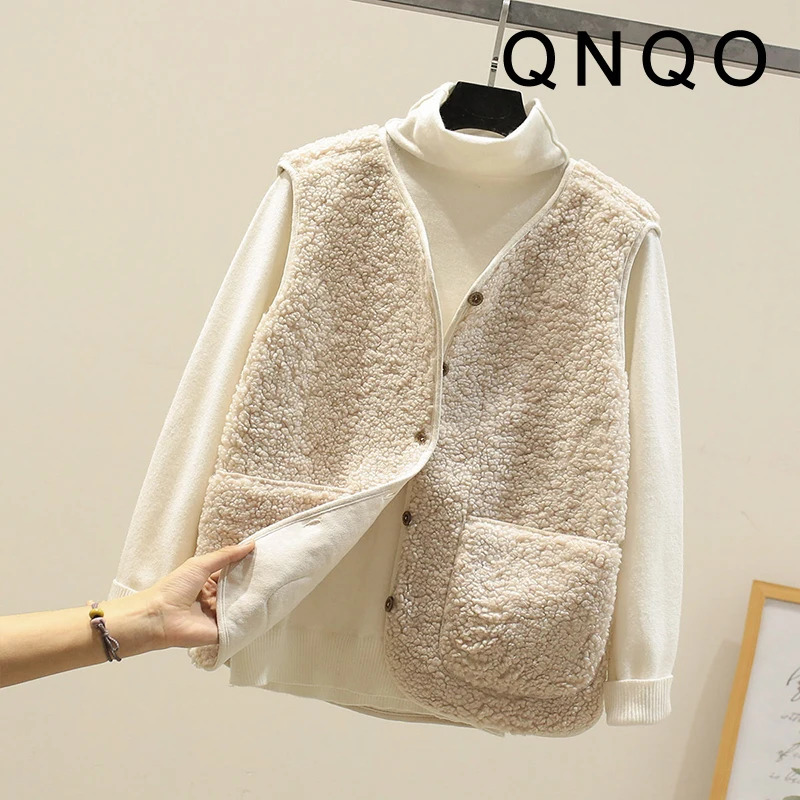 QNQO Lamb Faux Fur Vest for Women VNeck Sleeveless Pocket Casual Tops 2024 Fashion Single Breasted Elegant Female Vests 241017