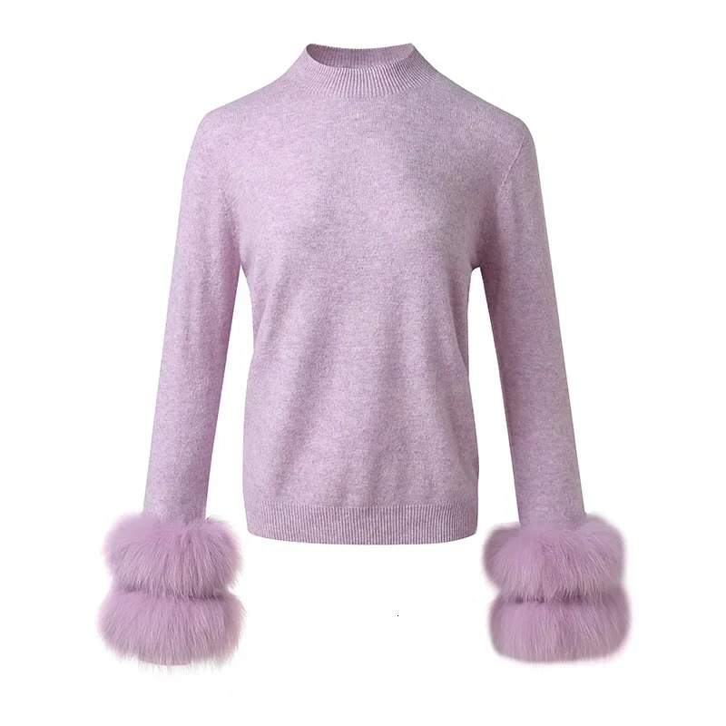 Winter Soft Sweater Fox Fur Cuff Lady Fashion Cardigan 100% wool Women High Collar Pullover Warm 241023