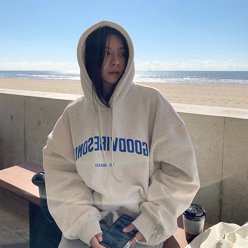 Womens clothing gray retro street sports sweatshirt hooded sweatshirt letter printed long sleeved casual warm oversized pocket womens top autumn