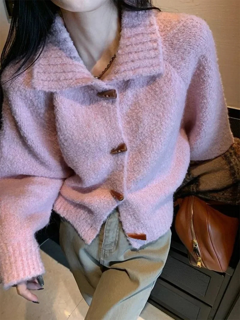 Cardigan tricoté en laine pour femmes, pull ample, tricoté à revers, bouton, pull en laine, automne et hiver, 241022