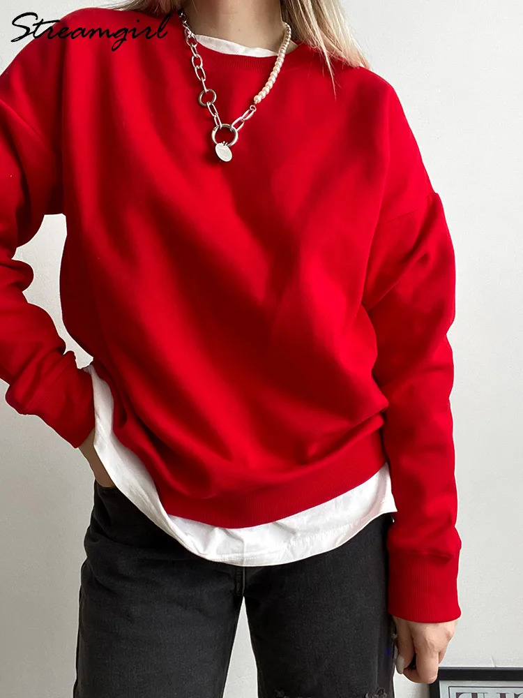 Autumn oversized sportswear womens cotton loose zipper red round neck sportswear womens oversized top 241022