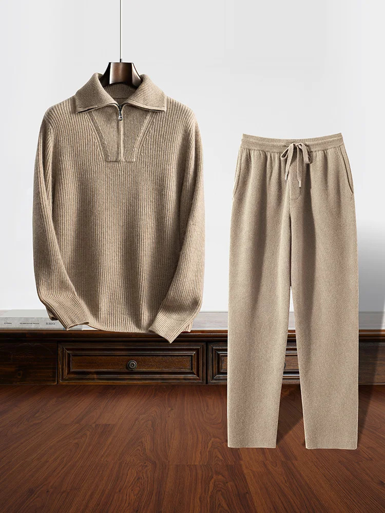 100% cashmere two-piece mens knitted pullover sweater autumn thick slim fit solid color warm 241019