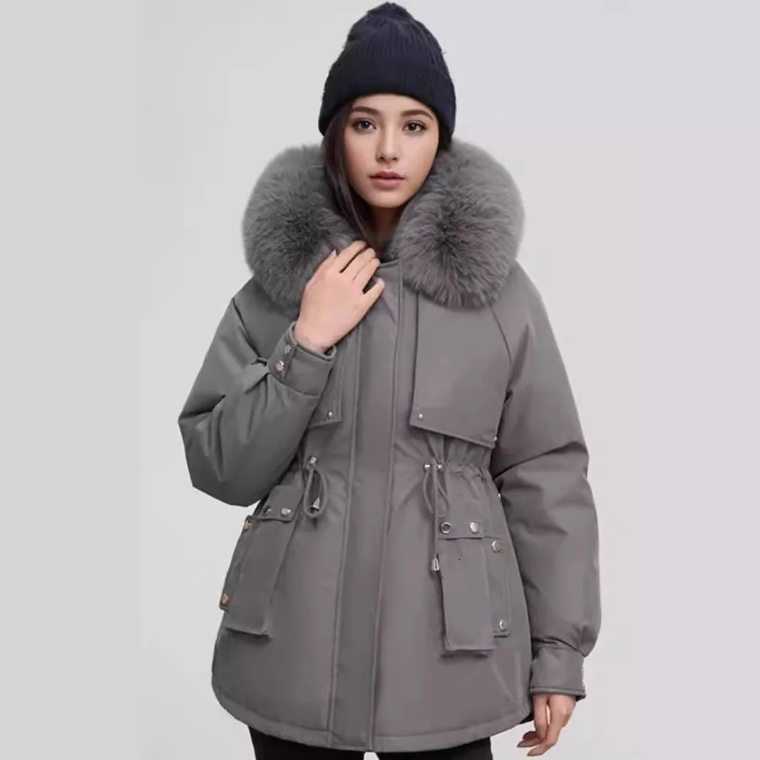 Womens apron jacket winter womens cotton jacket fur collar thickened warm parkour jacket womens solid color thickened jacket 241022