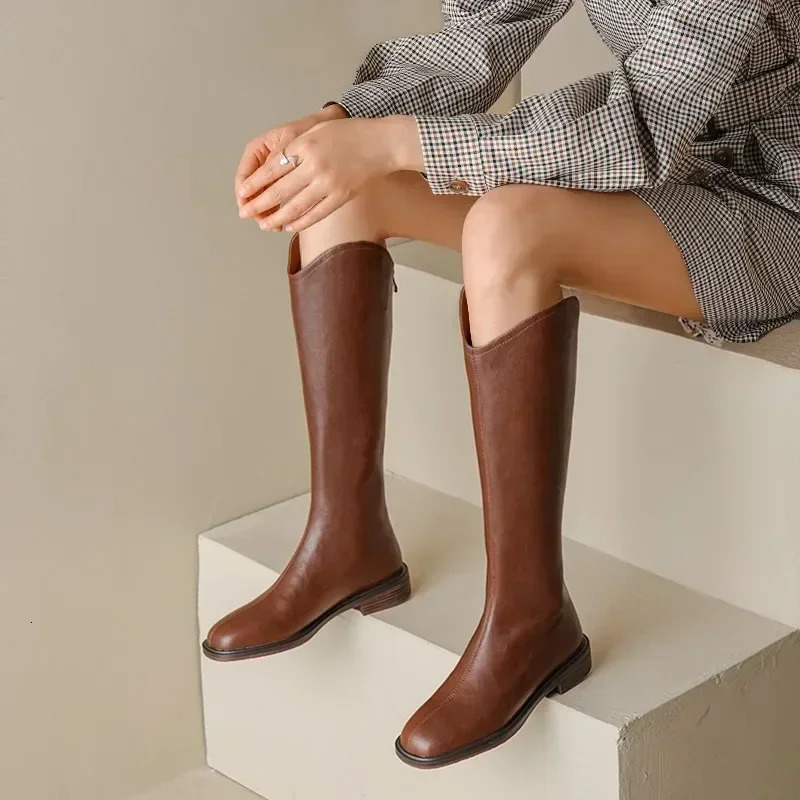 Womens knee high boots leather natural leather womens boots autumn and winter velvet boots Gothic shoes long Bottas 250225
