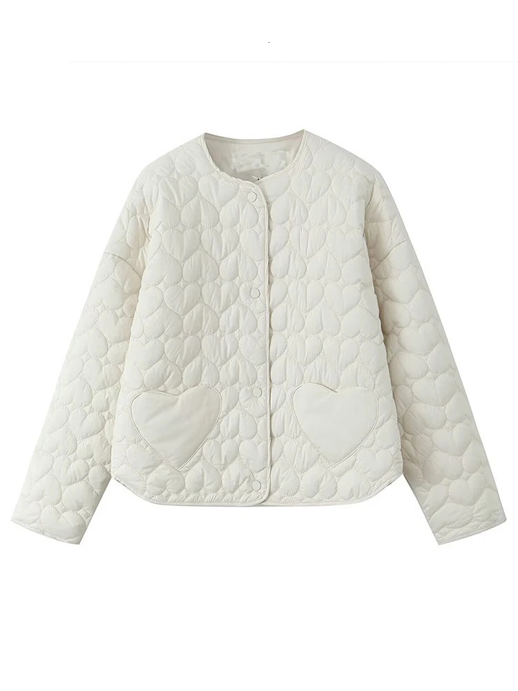 Winter womens loose heart-shaped quilted round neck single chest long sleeved black cotton jacket 241022