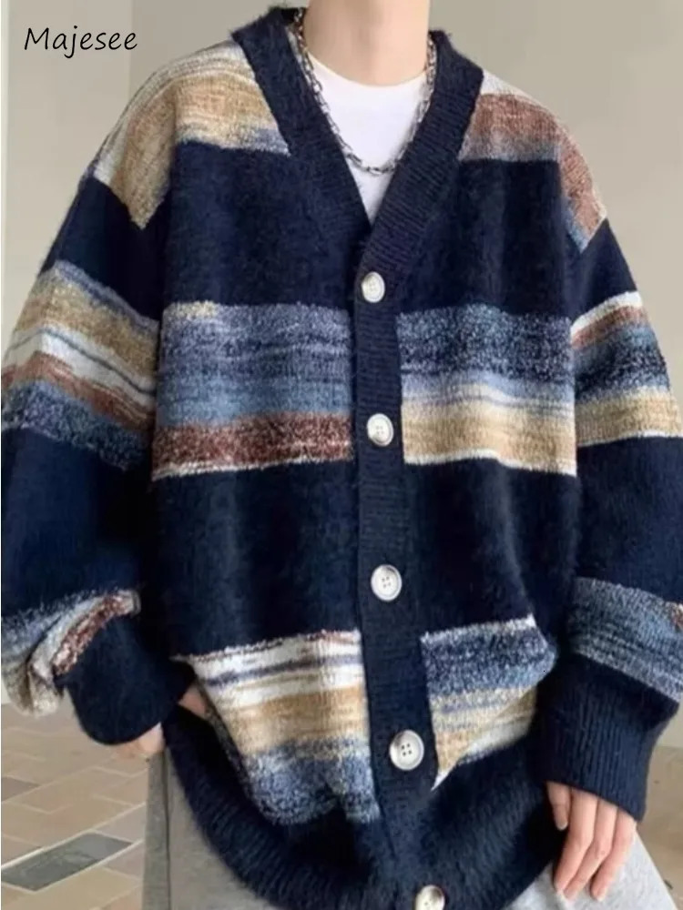 Striped knitted open collar mens Korean style loose long sleeved Harajuku retro sweater autumn Harajuku streetwear fashion 241022