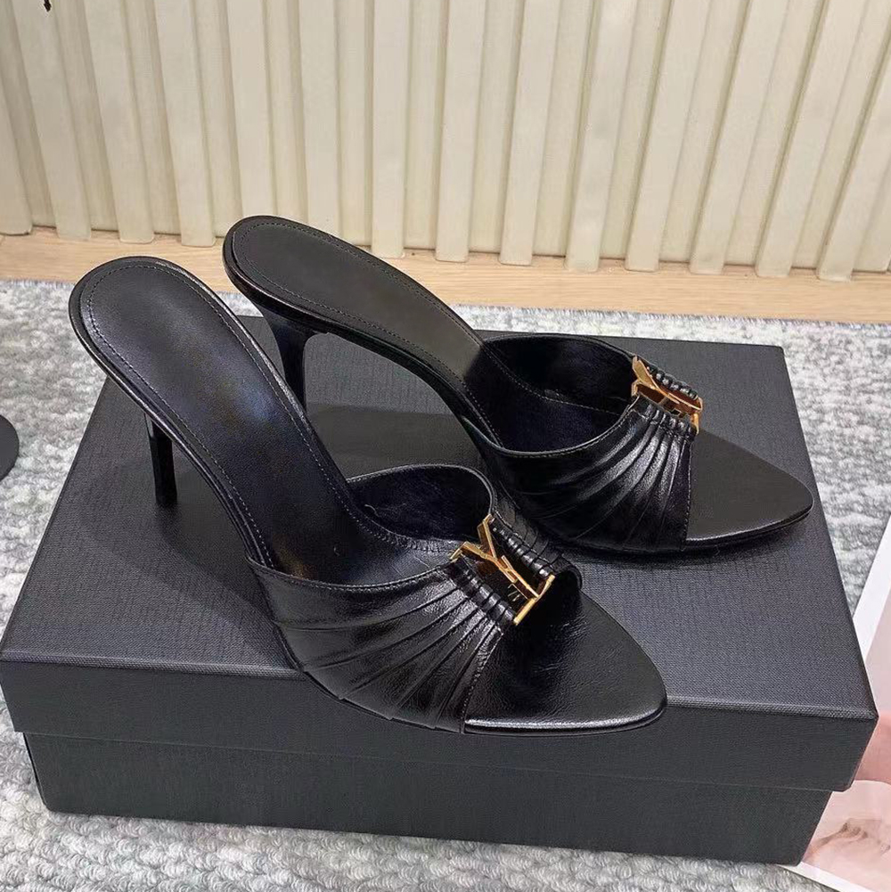Elegant Ladies stiletto Slippers mule Genuine Leather Fashionable Letter Buckle Sharp toes sandals luxurious designer high-heeled Slippers Sizes-image-965602774