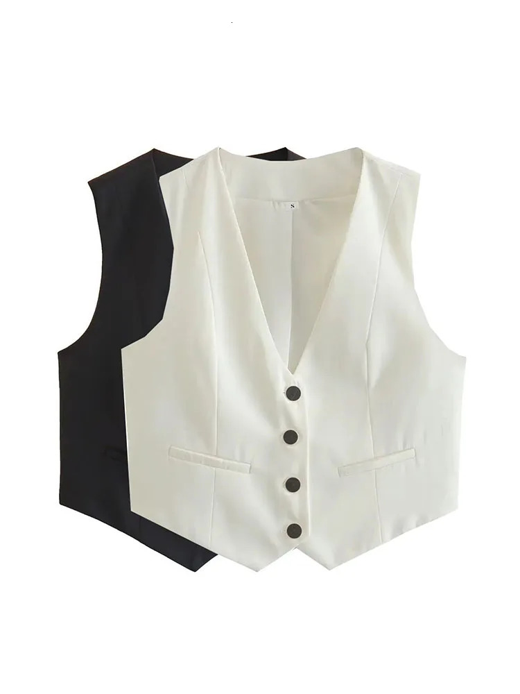 Cropped Vest Women Waistcoat Fashion Buttons Tops Vintage V Neck Sleeveless Coats Outerwear White Black Chic Jacket 241017