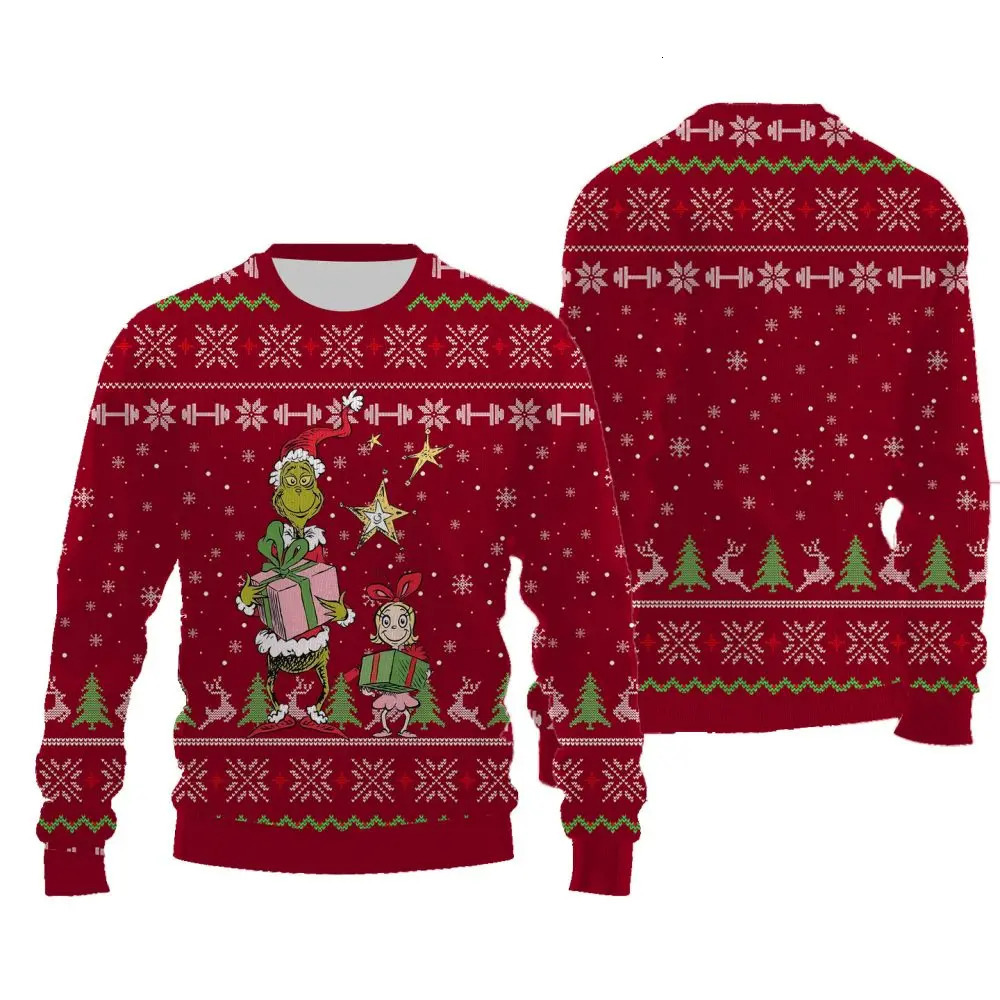 2024 Coucle rond Floral à manches longues Grinch Grinch Modèle pour femmes décontractées atmosphère de Noël pull épais 241021