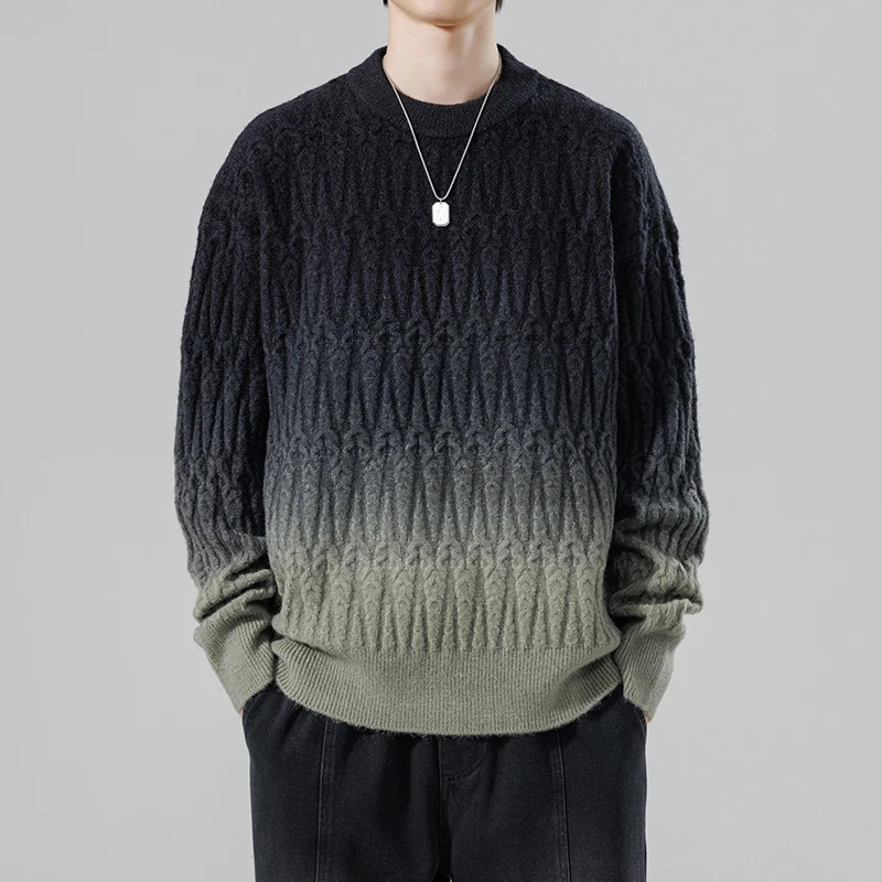 Mens autumn and winter Harajuku sweater mens casual loose gradient color round neck knitted zipper street hip-hop sportswear 241022
