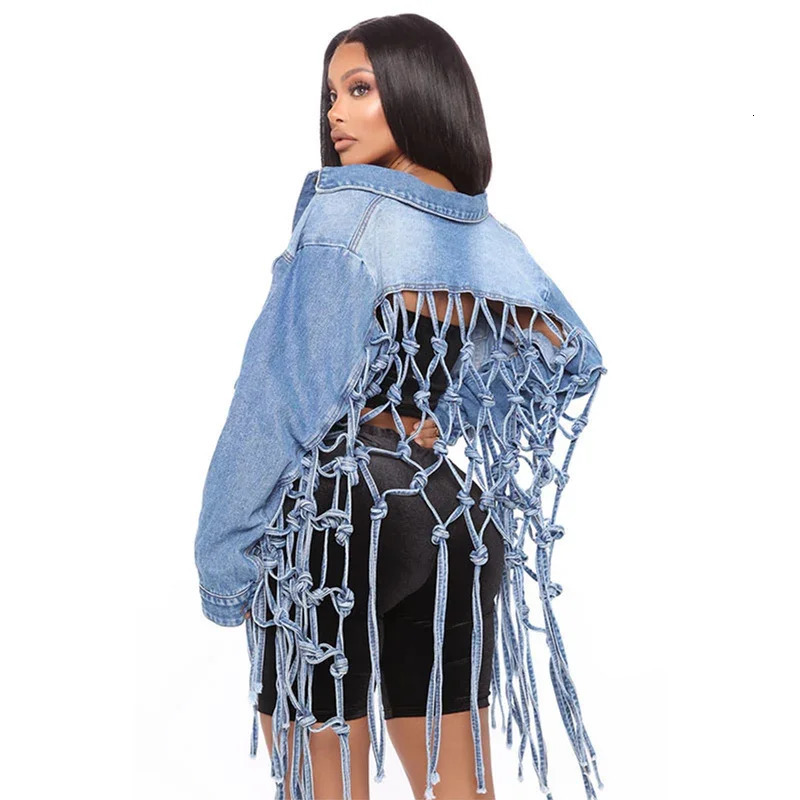 Fashion backnet tassel knot splicing jacket for women single breasted open top denim jacket for women street style jacket 241019
