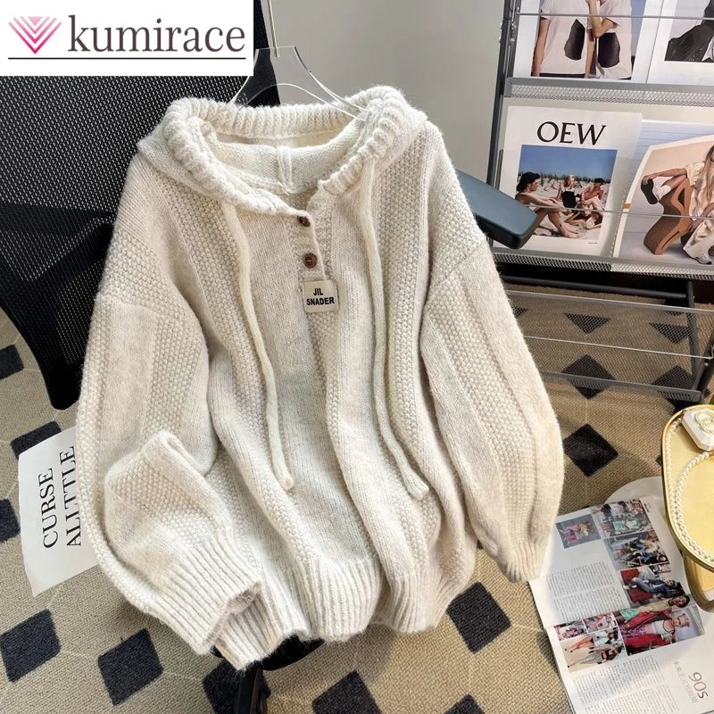 Korean loose and lazy style womens hooded sweater for autumn and winter soft thick drawstring knitted sweater 241022