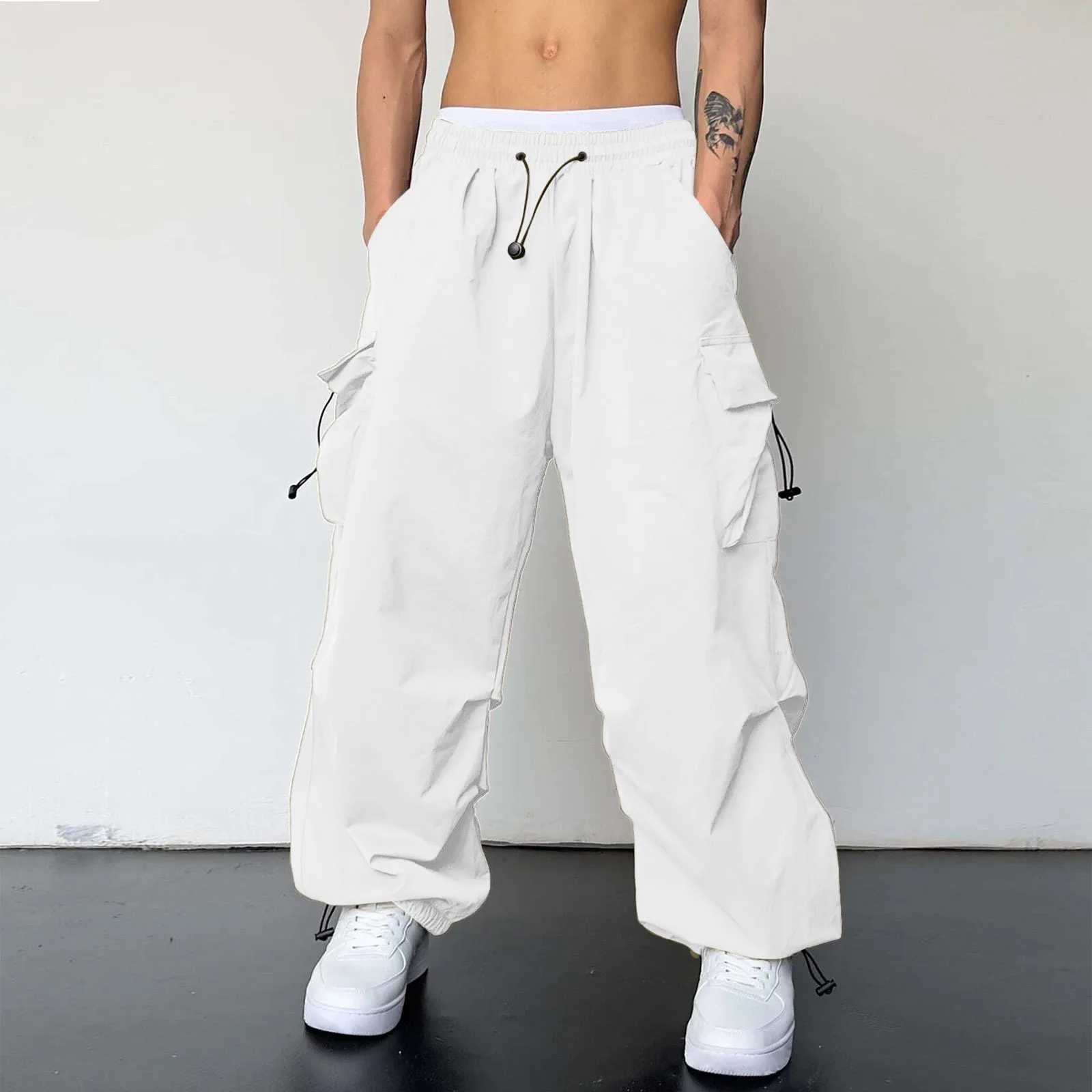 Mens Casual Mid Waist Solid Color Sports Pants Multi Woven Pocket Foot Rope Solid Pants Street Cargo Tie Mens Cargo Pants XJ250618