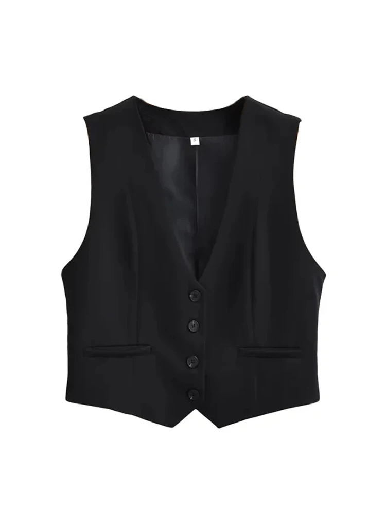 Aoaiiys Black Vest Women Cropped Waistcoat 2024 Fashion Front Buttons Tops Vintage V Neck Sleeveless Outerwear Chic Vests 241017