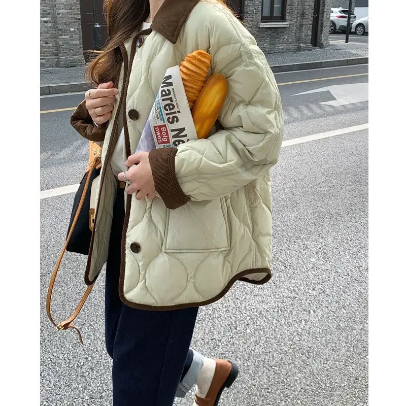 Retro Patchwork Parka Fashion Jacket with Contrast Color Quilted Design Korean Style Fashion Casual Winter Jacket for Women 241022