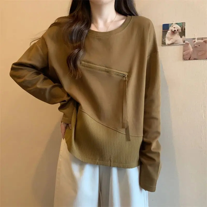 Spring and Autumn Solid Color Womens Clothing Pulling Lantern Long Sleeve Hoodie Round Neck Zipper Casual Loose Thread Top 241022
