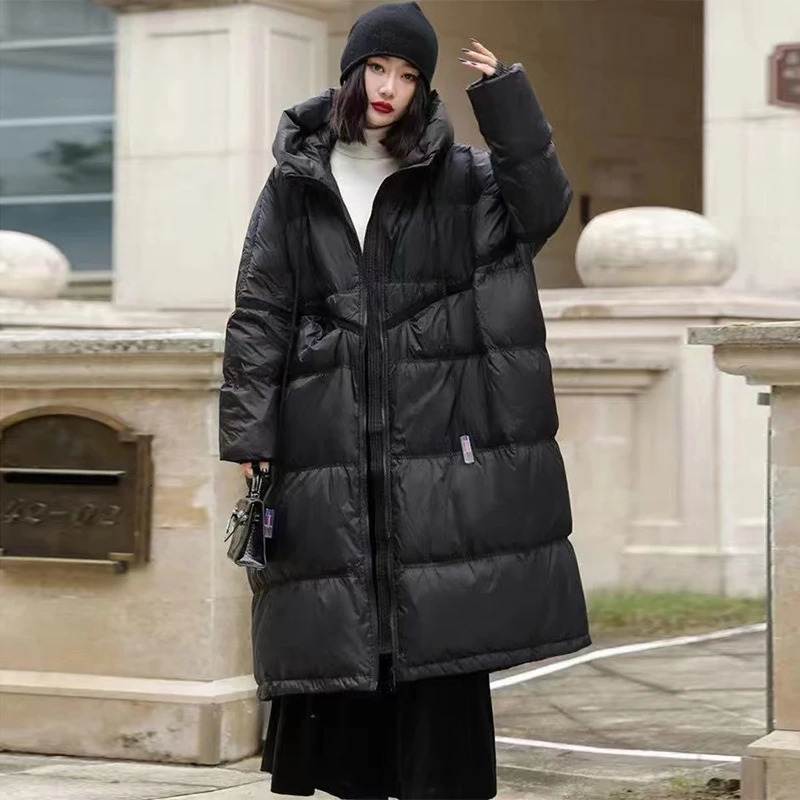 Lagabogy 2024 Winter Women Oversize Long Puffer Coat Female Thick Warm White Duck Down Jacket Hooded Loose Parkas Outwear 241017
