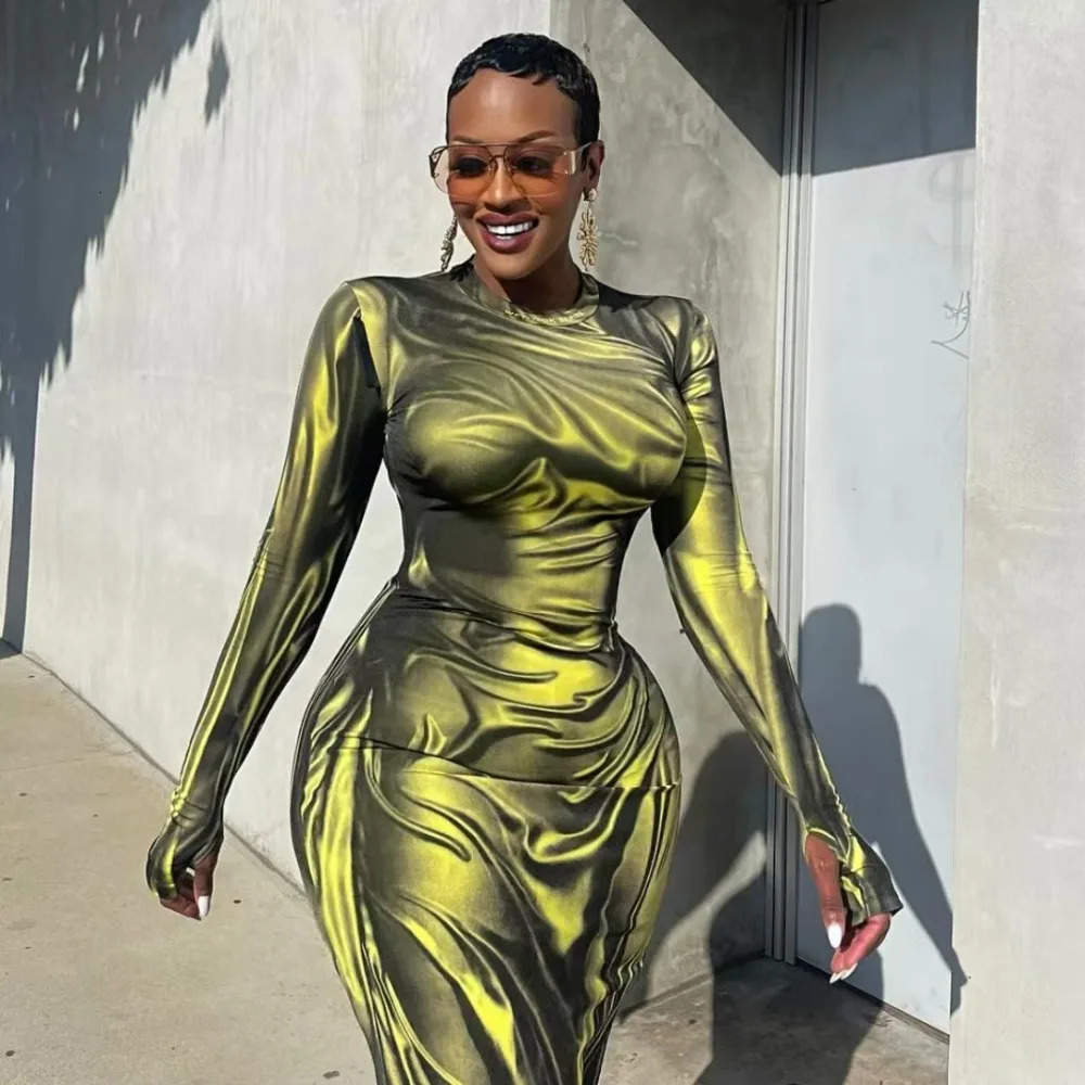 Mode 3d robe imprimée plissée Femmes à manches longues robes de soirée maxi